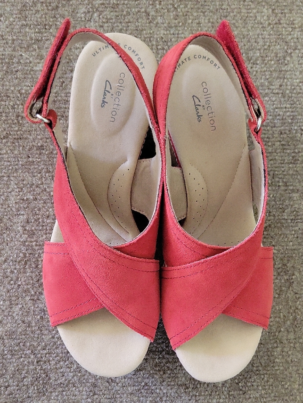 Clarks Giselle Red Suede Platform Sandals Cork Wedge Heel  Size 9.5